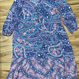 Boho Floral Paisley Midi Dress - Blue Pink